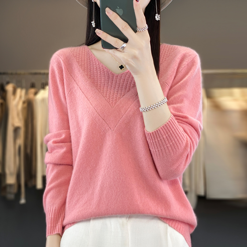 羊毛女常规V领宽松型保暖发热衫针织女士显瘦圆领