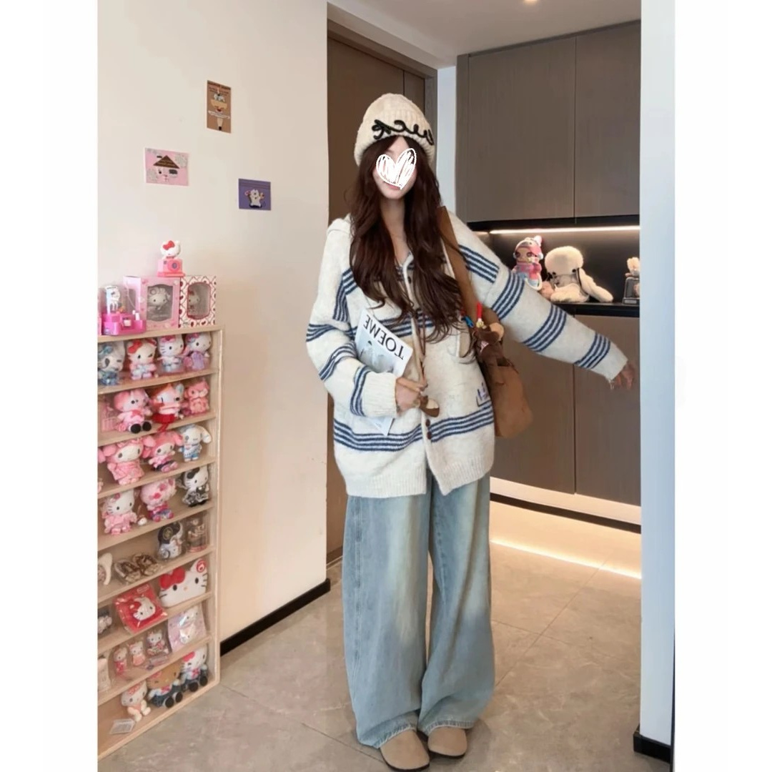早秋2025胖mm韩系慵懒风细条纹宽松连帽毛衣百搭洋气时尚