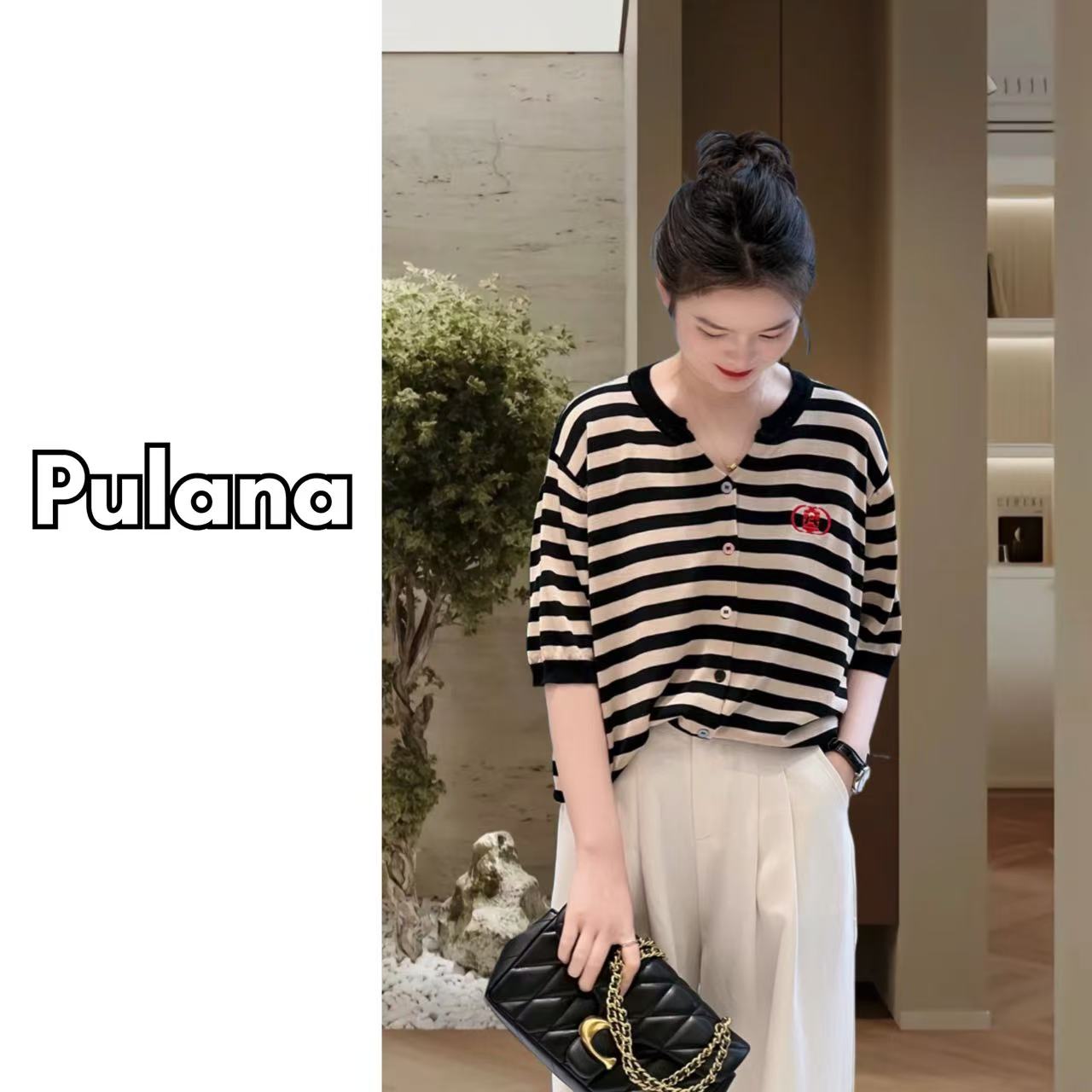 普拉那  576 夏季流行时尚减龄刺绣条纹短袖针织衫宽松显瘦上衣