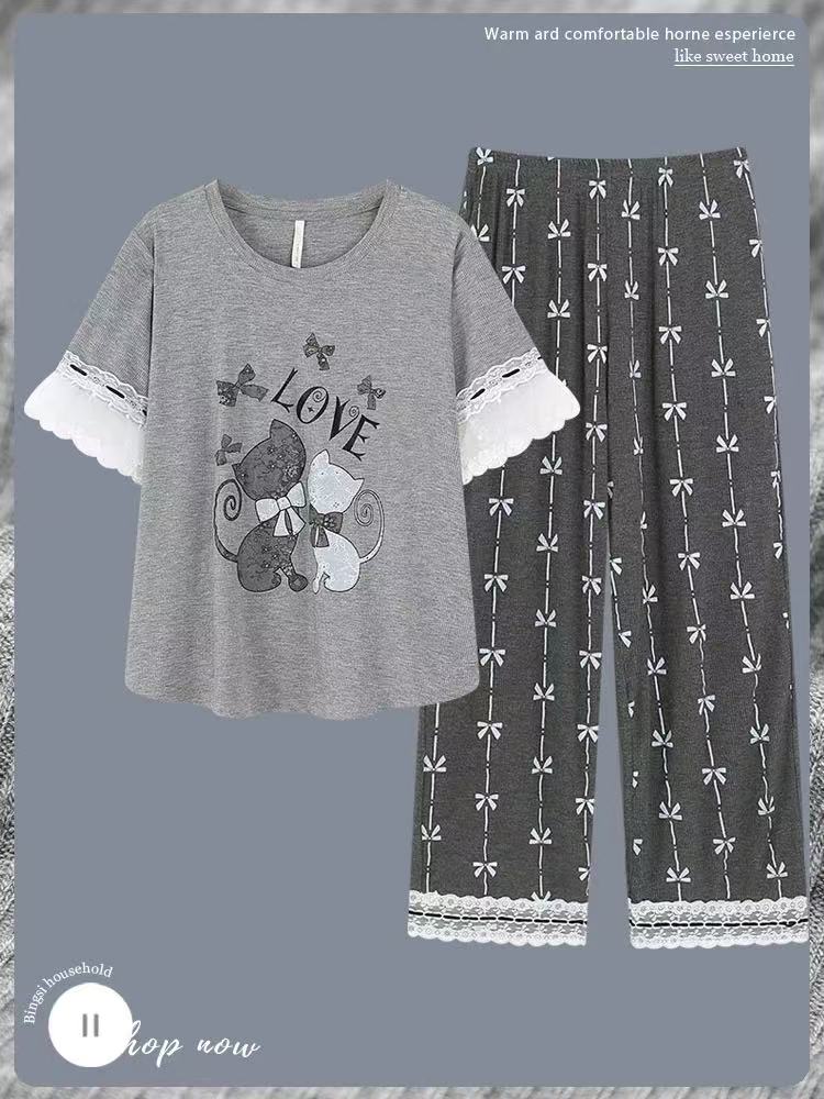 韩版2025新款ins甜美风带胸垫夏季短袖长裤睡衣女莫代尔薄款