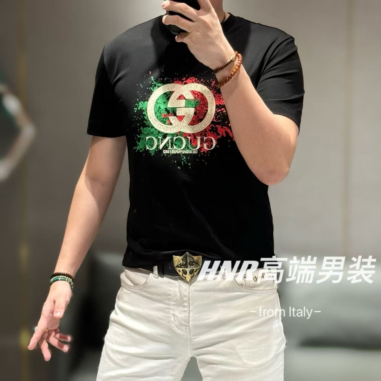 莫代尔长绒棉混纺立体刺绣奥钻点缀G字图标T恤55018