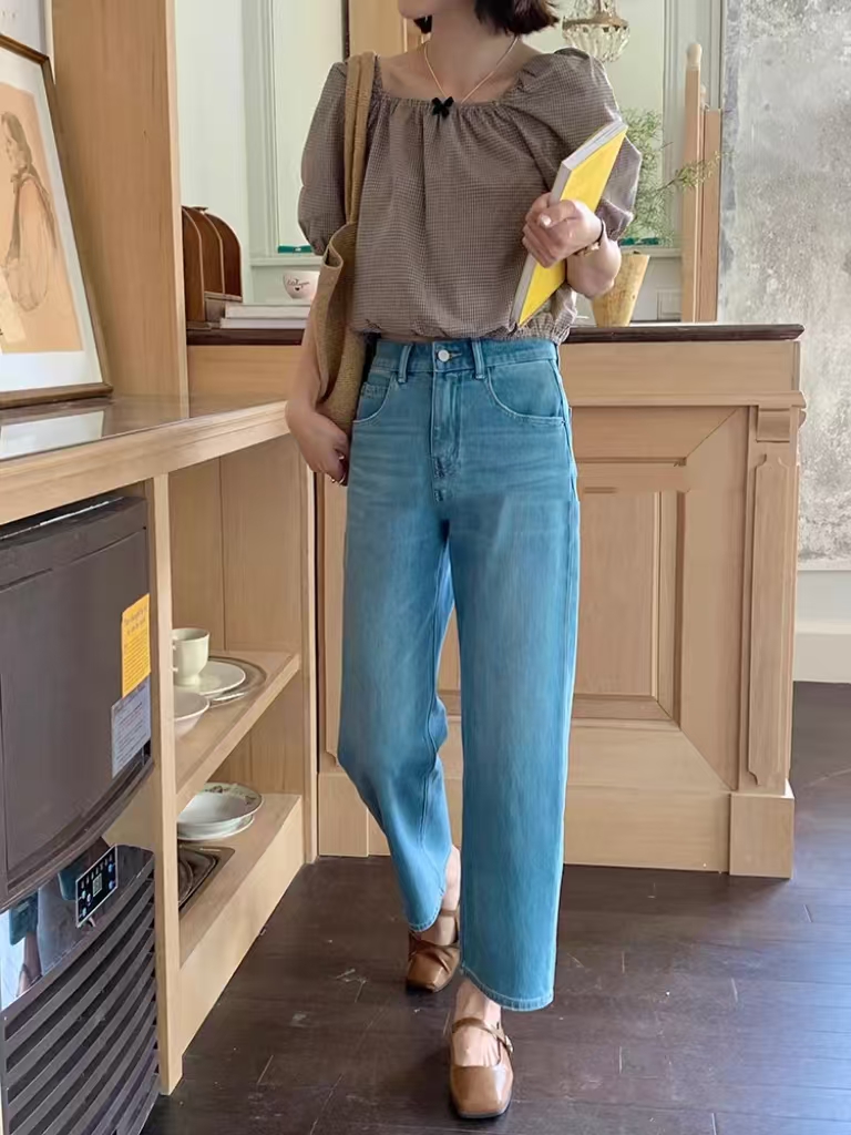 SU【135】代98   愫康   2025夏日蓝色阔腿裤弹力高腰九分奶奶裤~