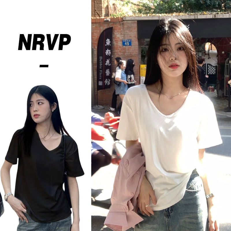 【两件装】纯色百搭内搭简约大领口V领打底衫女宽松显瘦弹力t恤上衣