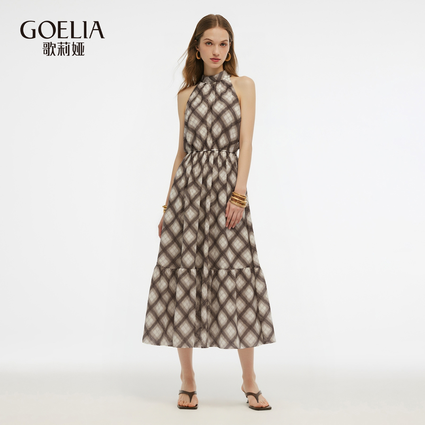 歌莉娅2025新款复古格纹挂脖连衣裙小个子显瘦收腰格子1ENL4K220
