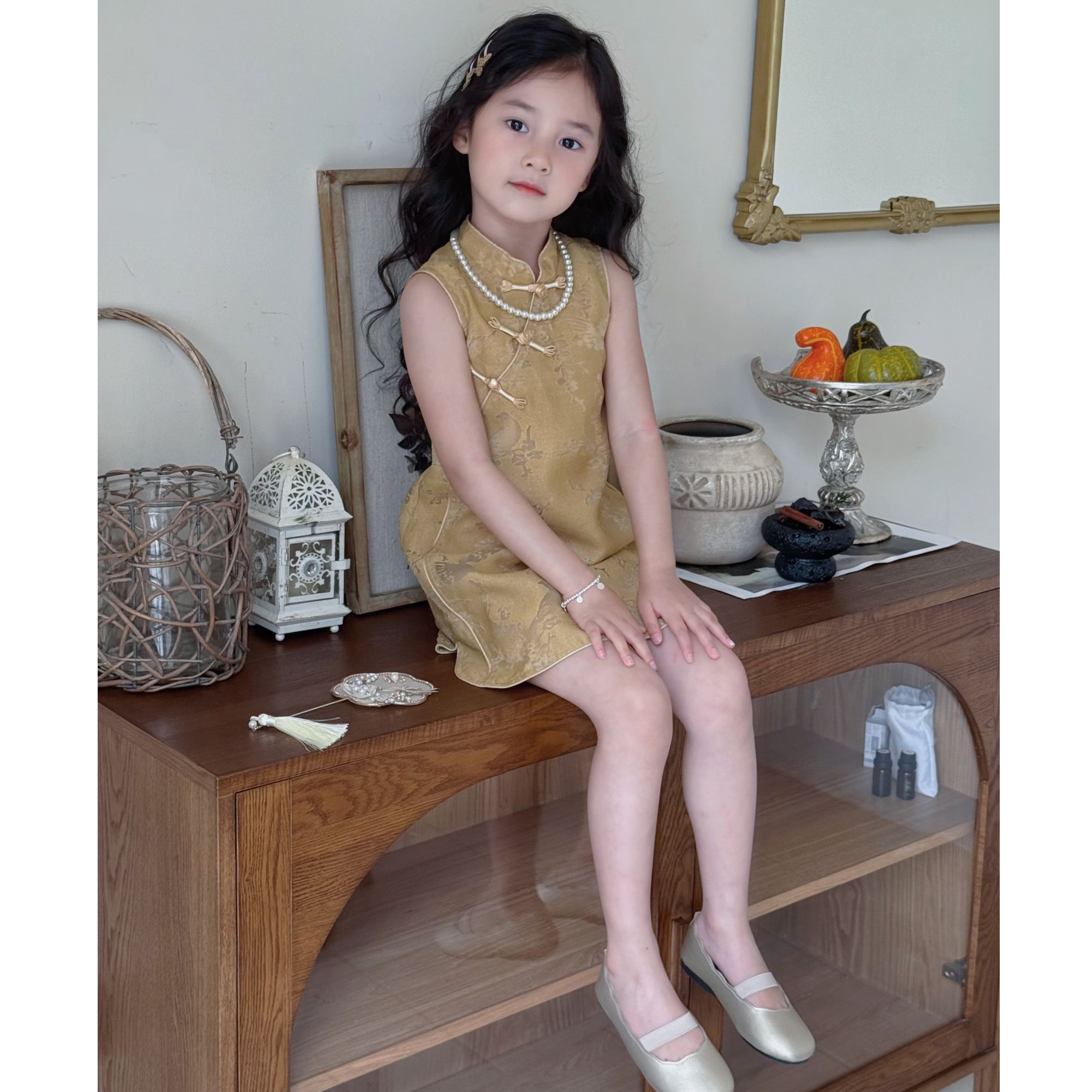 现货）新中式童装女童连衣裙2025夏季儿童国风改良版黄色旗袍裙