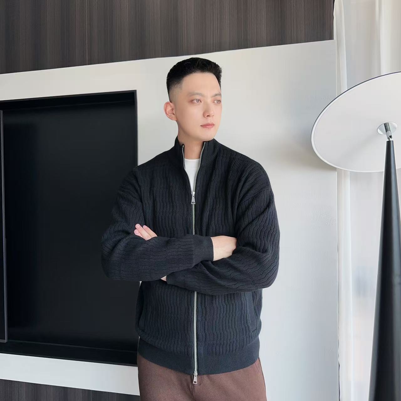 【高端绵羊毛混纺】秋冬男士双拉锁立领天丝绵羊毛混纺轻奢针织开衫