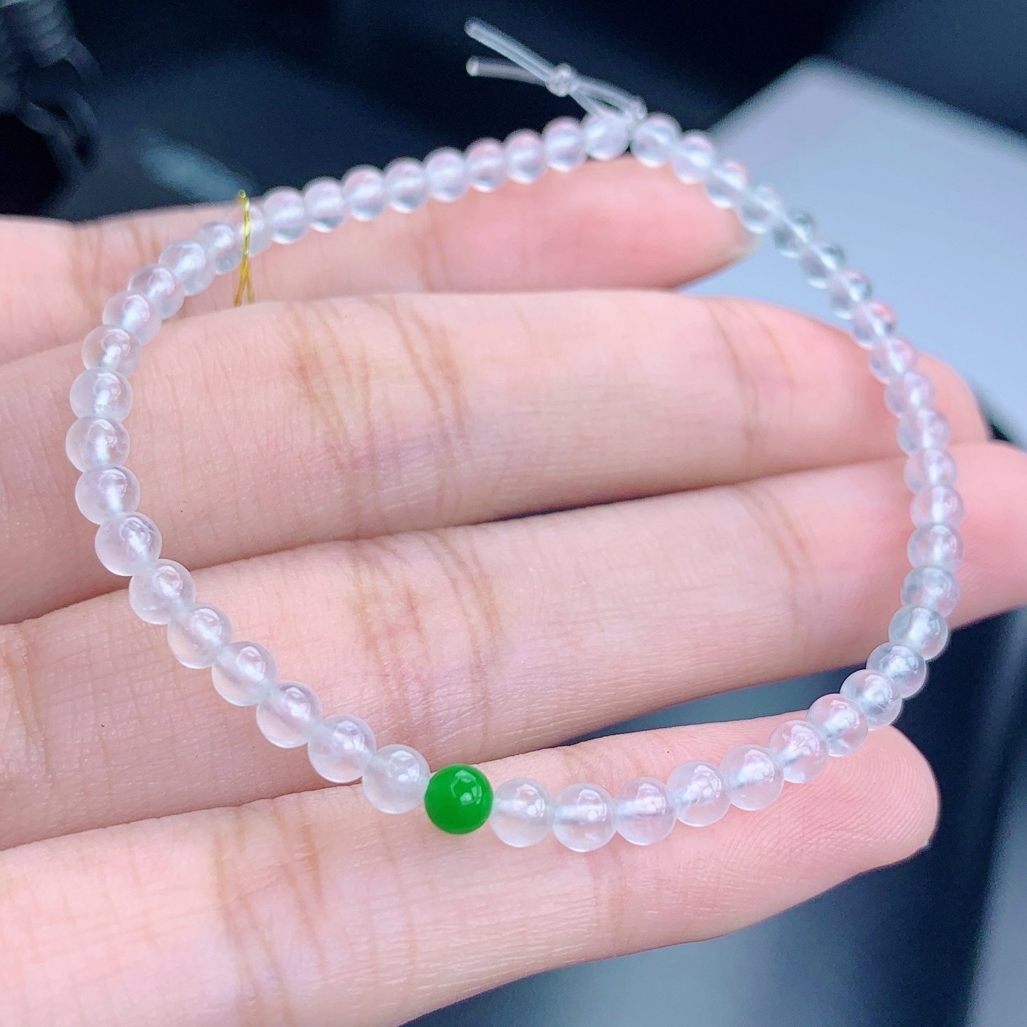 缅甸A货翡翠白高冰玻璃色小米珠圆珠手链手串单圈卡3.4mm