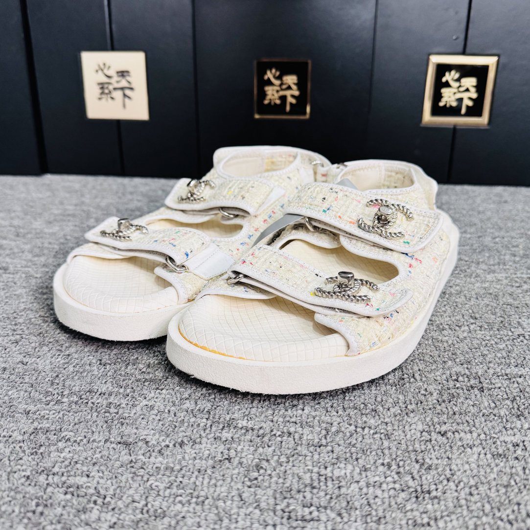 95新 Chanel/香奈儿 白色粗花魔术贴凉拖37码ysc3034