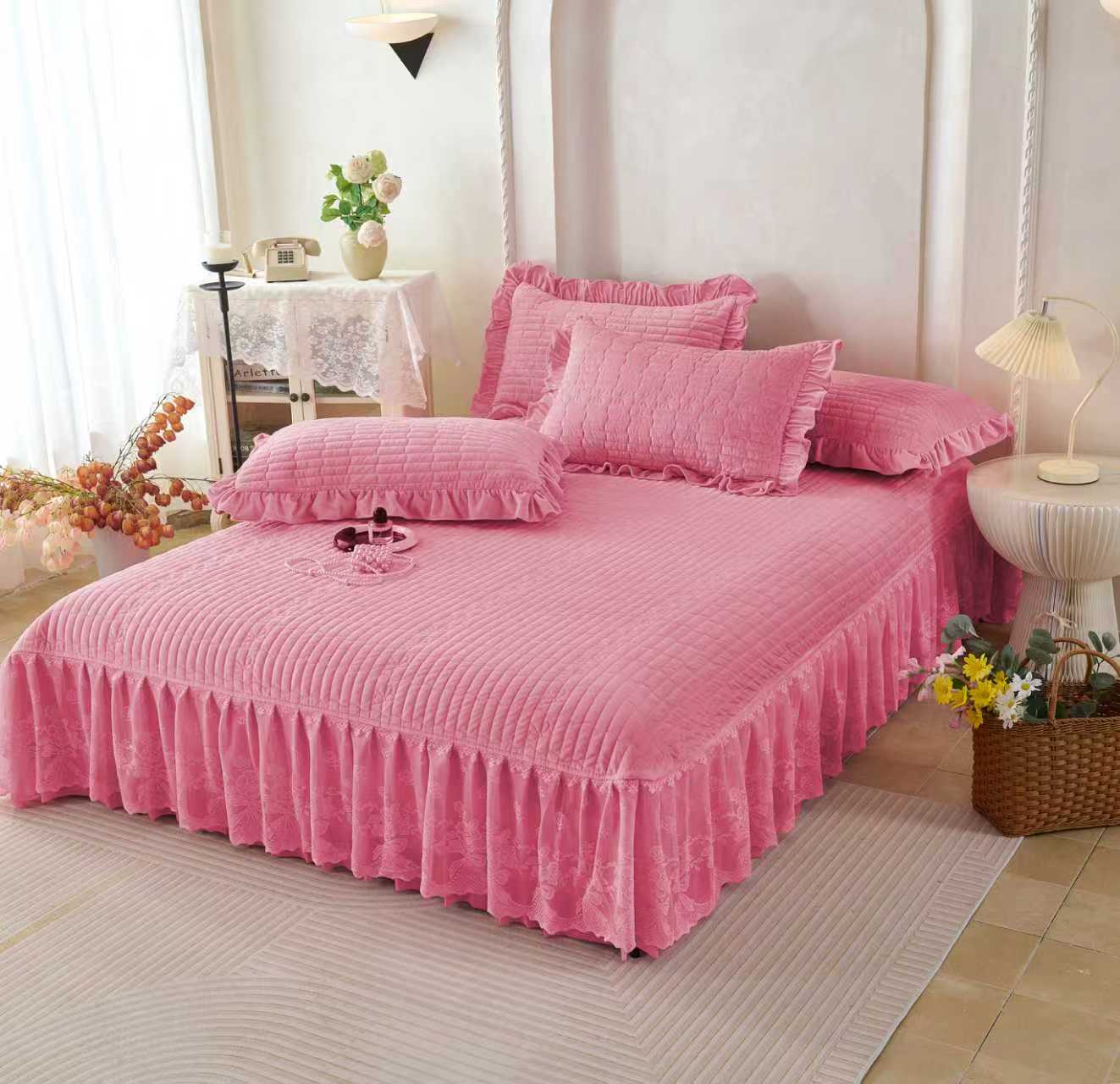 新款宝宝绒婴儿绒韩版蕾丝花边床盖加大尺寸床盖款2.7*2.7