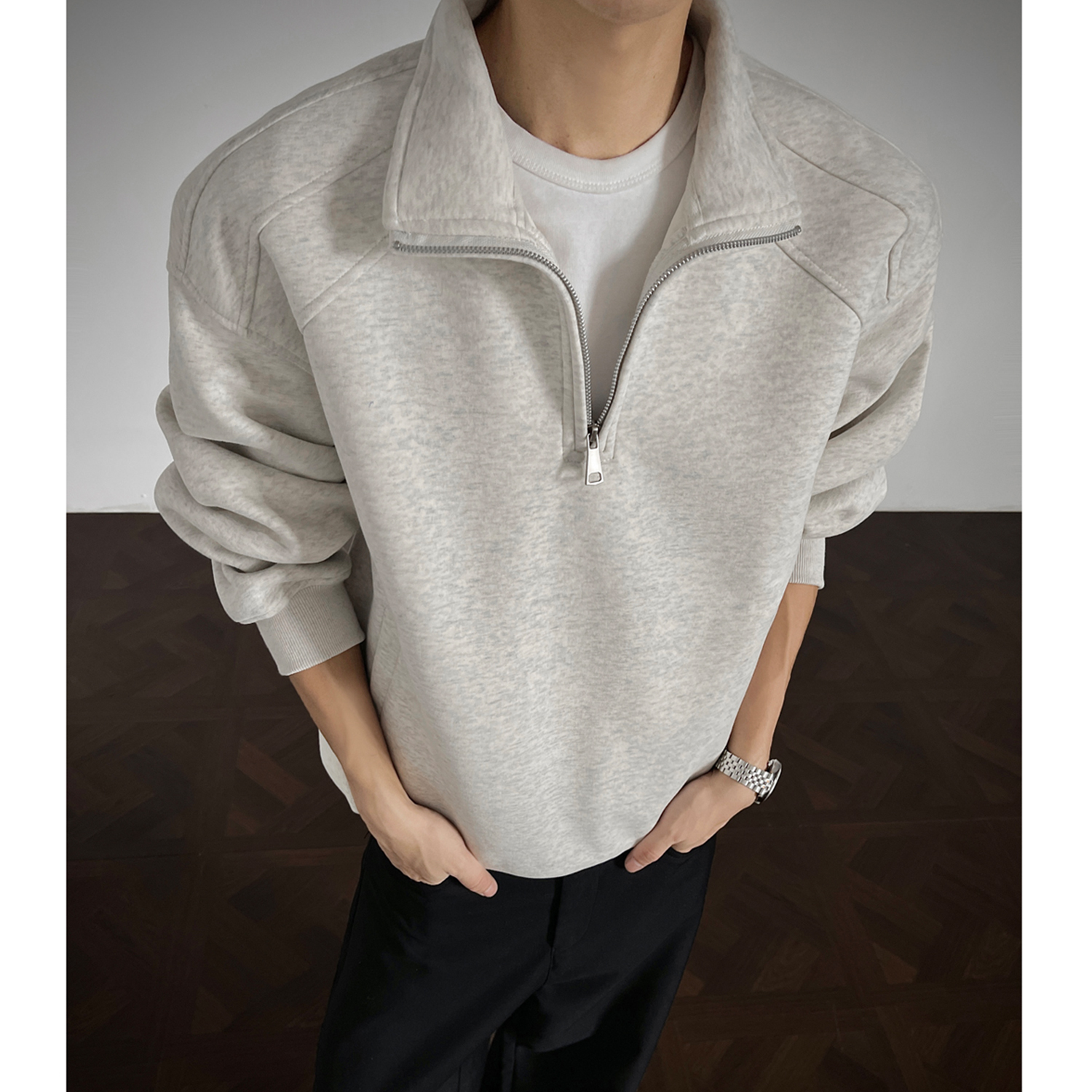 美式立领解构半拉链高级感卫衣男春秋款cleanfit潮牌痞帅重磅外套