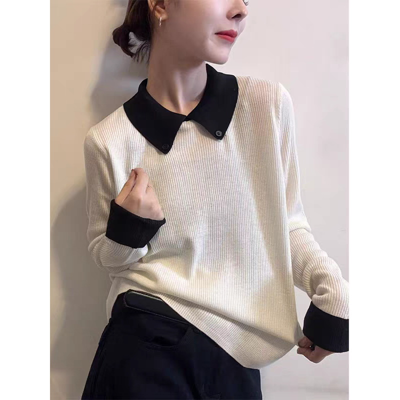 白咖撞色领时尚针织衫打底女秋冬新款洋气百搭