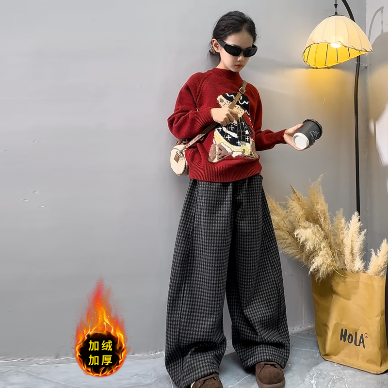 【毛妈潮牌】女童冬装毛衣加绒格子裤套装2025新款时髦宽松两件套潮