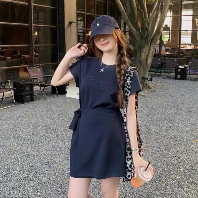 夏季新款立体字母圆领短袖连衣裙女韩版收腰绑带超好看裙子2029