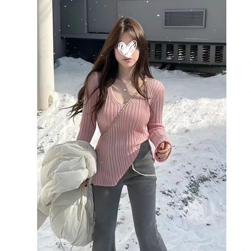秋冬慵懒性感V领长袖针织衫女修身显瘦百搭打底衫气质上衣F01603