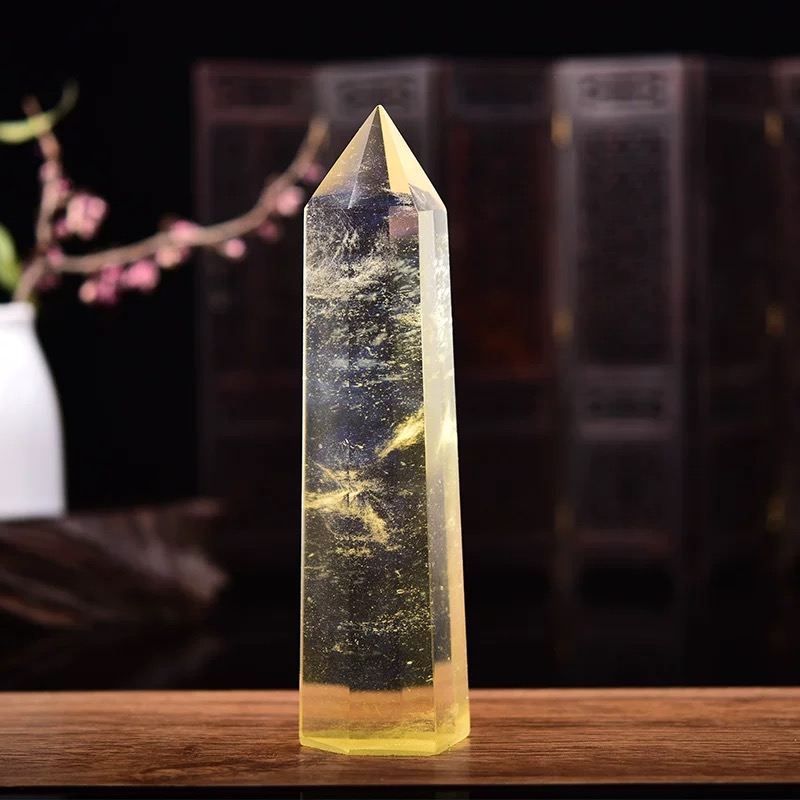 黄色水晶六棱柱家居摆件