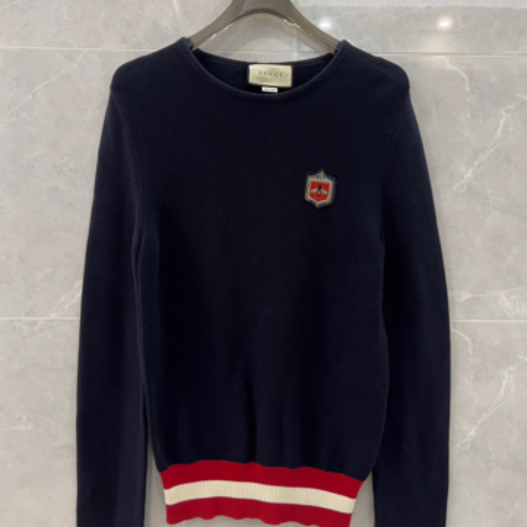 99新 GUCCI/古驰  经典蜜蜂刺绣长袖针织衫 藏蓝色 /M码/A02540