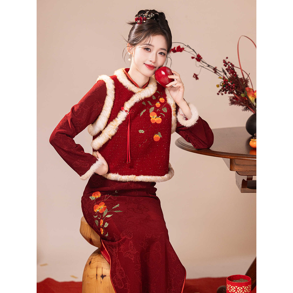 婚红色旗袍新中式结婚马甲回门套装刺绣拜年服新年战袍冬季百搭