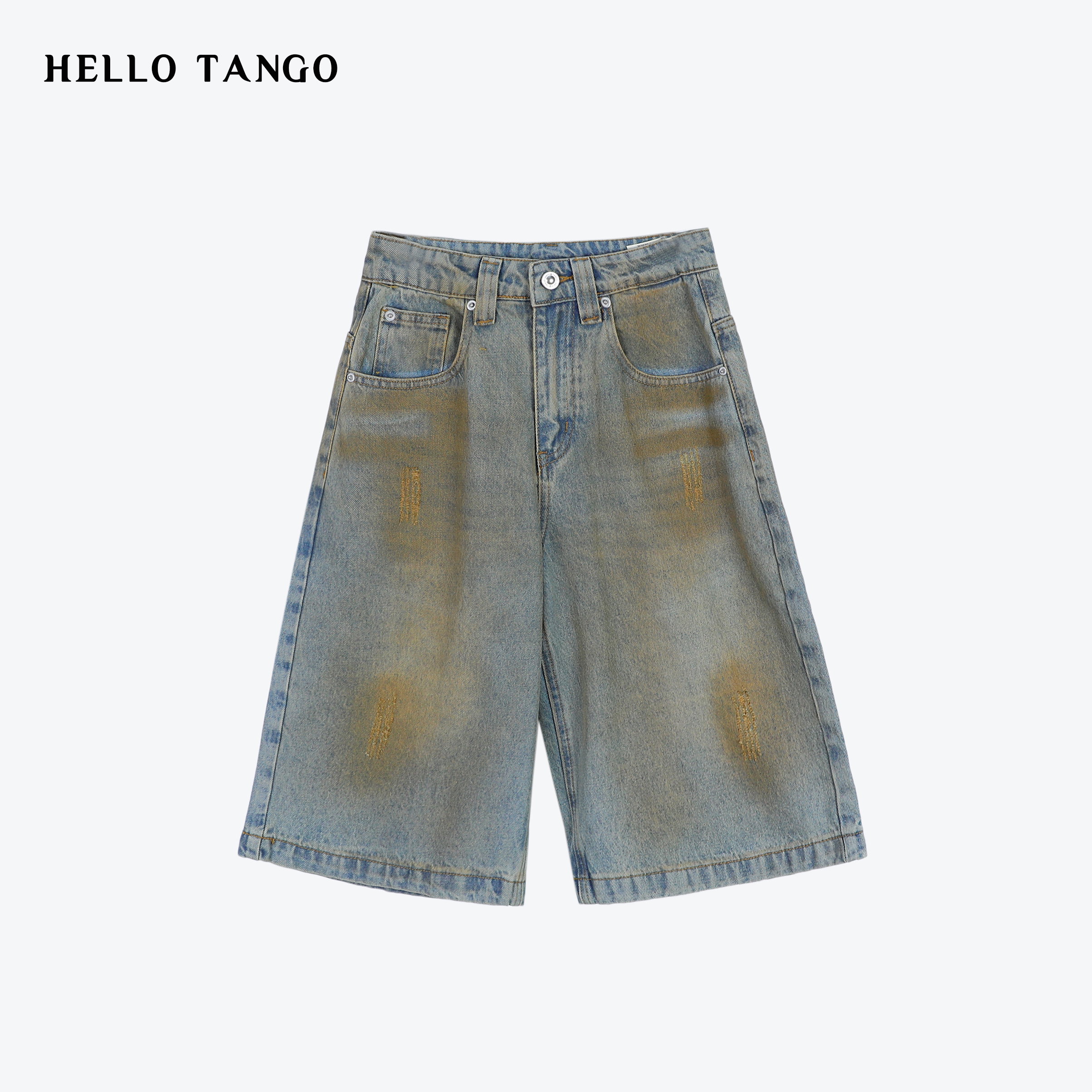 HELLOTANGO《废土高街》小众复古美式脏染磨旧显瘦牛仔中裤F176#