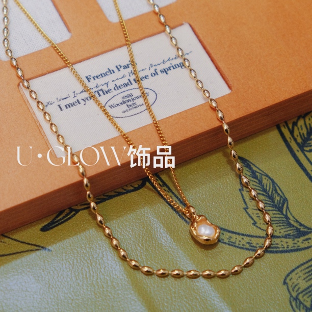 铜合金仿珍珠吊坠 【U·GLOW】港风不规则小众气质珍珠双层叠戴项链