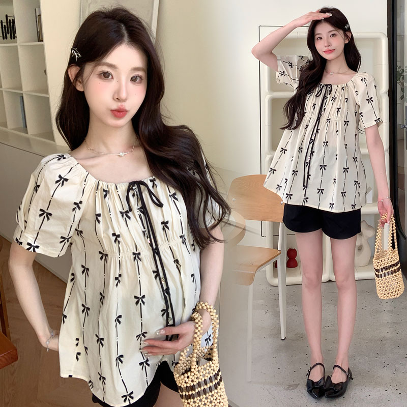 法式方领蝴蝶结短袖孕妇衬衫女夏季休闲显瘦上衣孕妇短裤两件套装