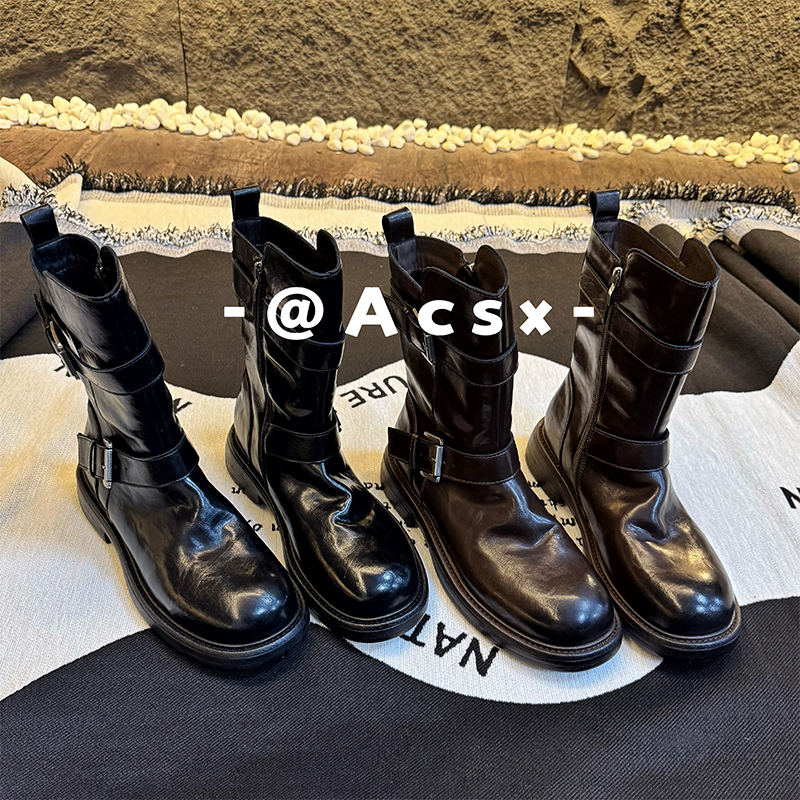 【阿茶】手工褶皱~水洗牛皮/跟高5CM /秋季新款真皮机车靴女