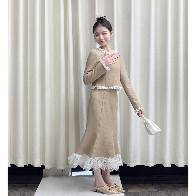 【巴恩少女】小娜椒小个子春季新款设计感小香风蕾丝拼接时尚套装女