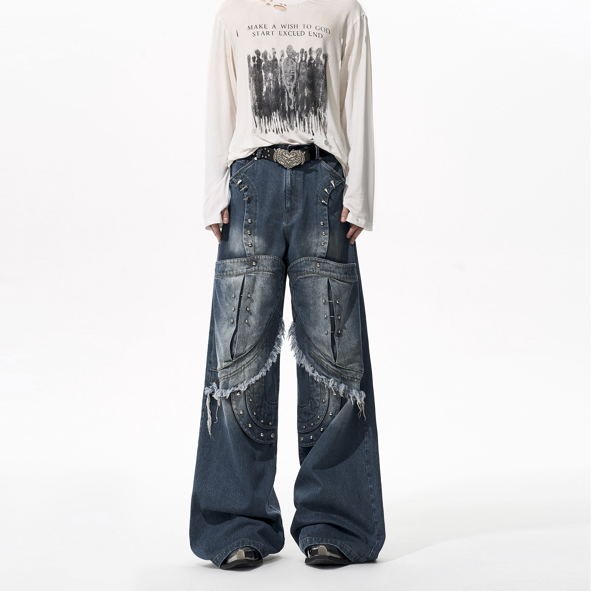 STARTEXCEEDEND解构铆钉设计感牛仔裤男秋季冰蓝洗水做旧直筒裤潮