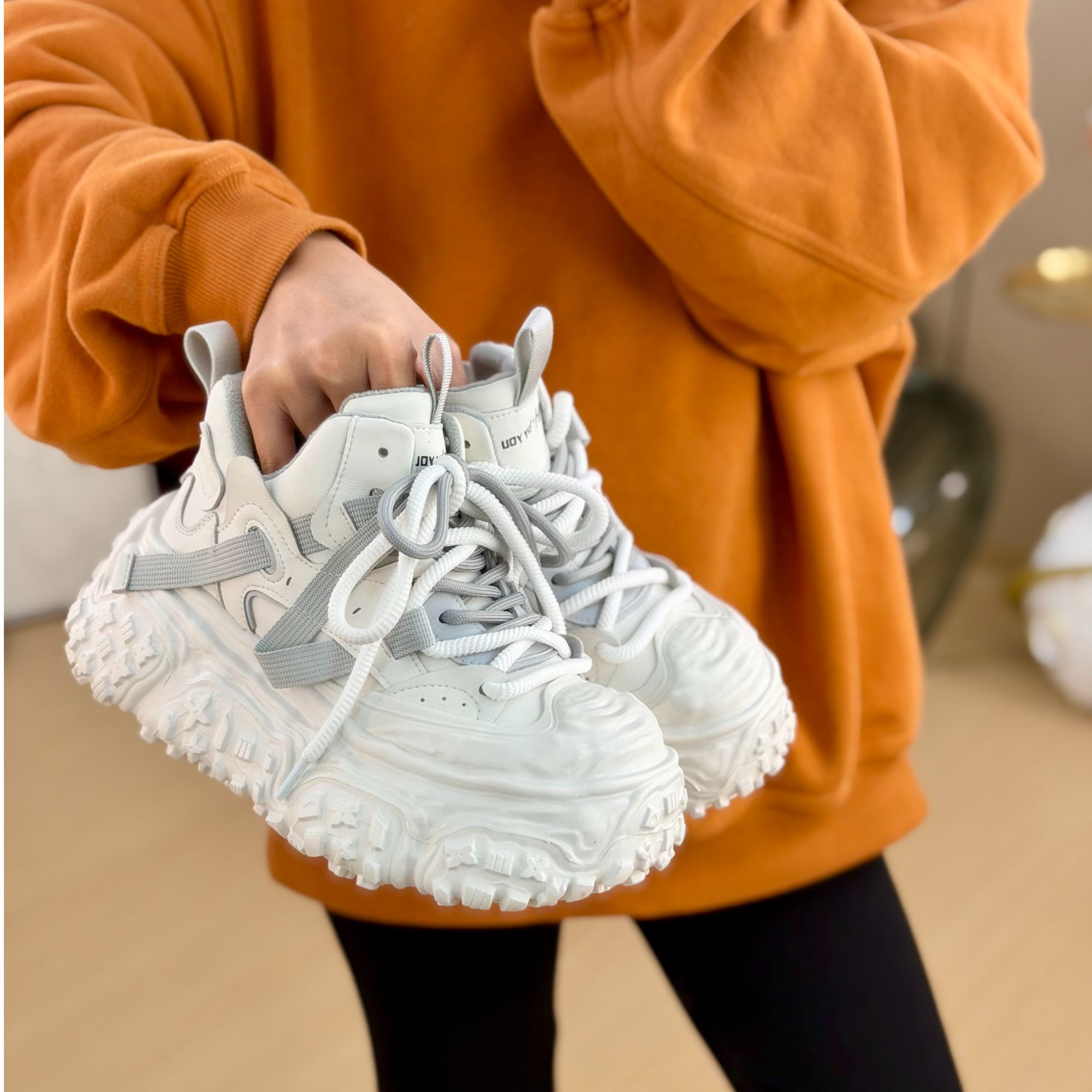 加绒【跟高6公分】爆款真皮女鞋复古厚底老爹鞋拼色运动休闲鞋0865