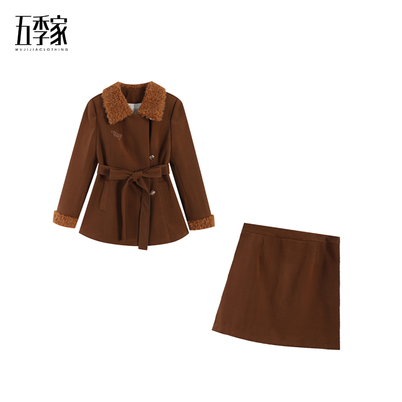 五季家大码冬季新款韩系显瘦设计时尚气质咖色套装ZL114999