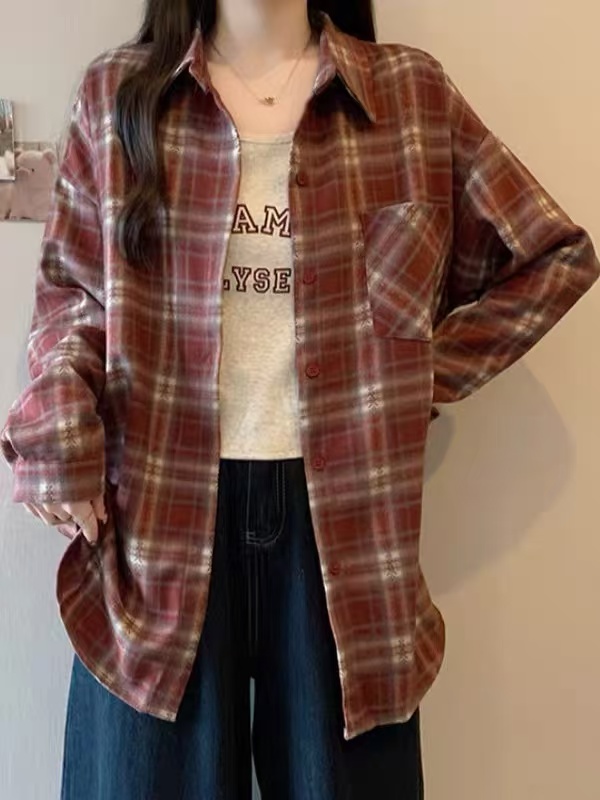 【江油火狐狸】C97856港风复古格子长袖衬衫两件套女