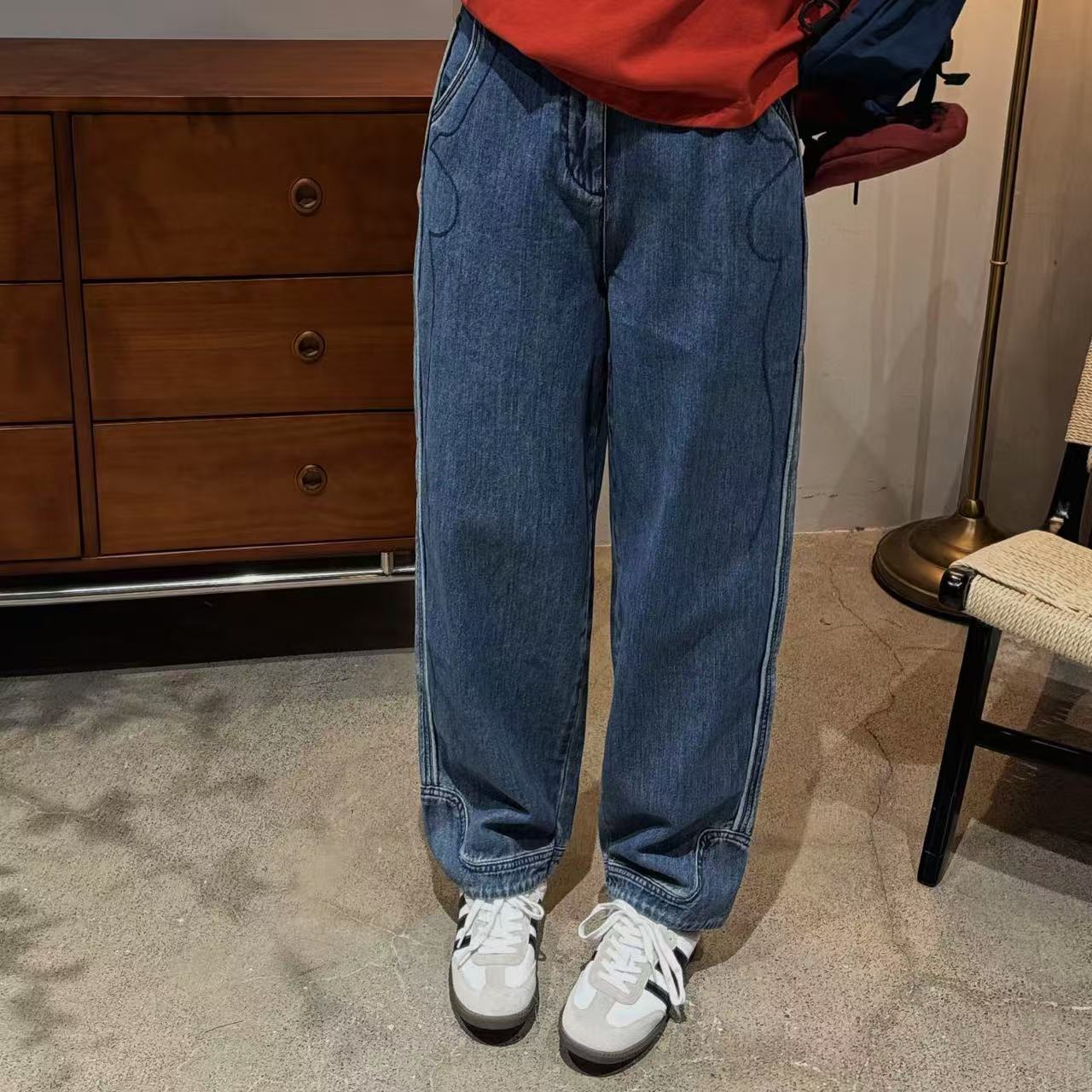 今婷韩系休闲时尚百搭复古宽松阔腿设计感分割线牛仔裤-M25212337