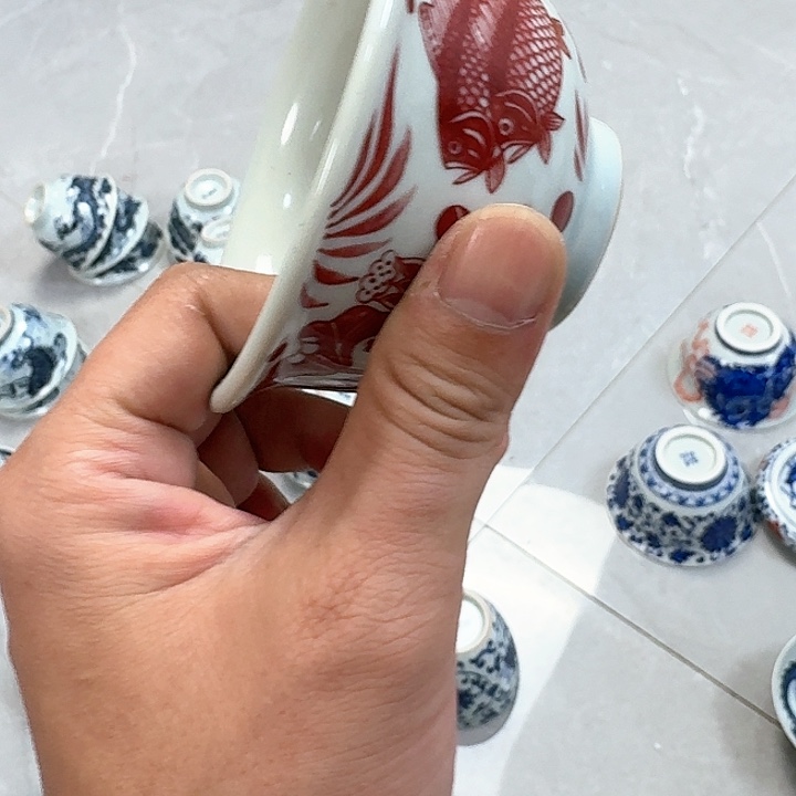 杯釉里红鱼藻大压手杯