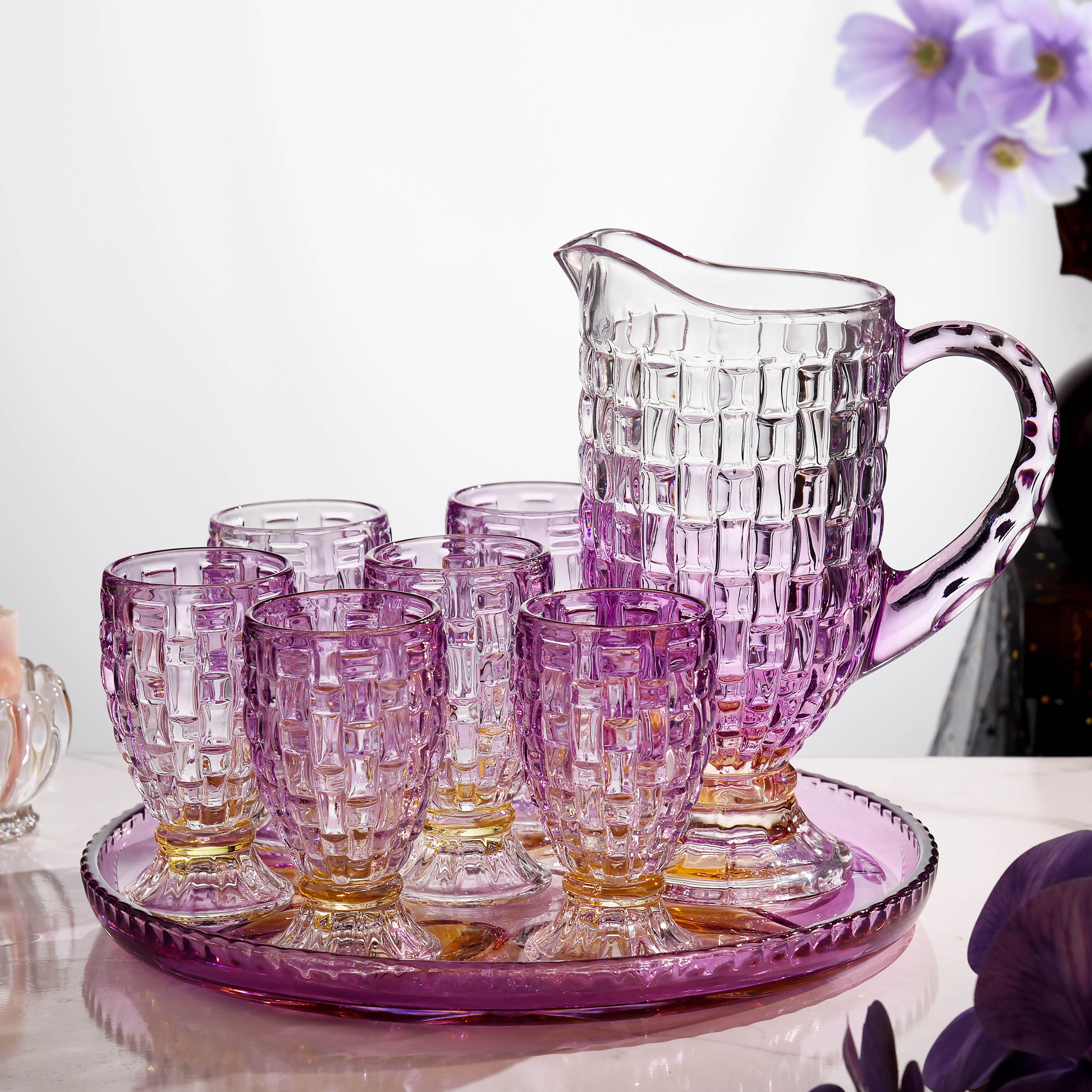 【金像】竹编壶梦幻渐变紫色轻奢欧式凉水壶杯酒杯热饮水壶彩色