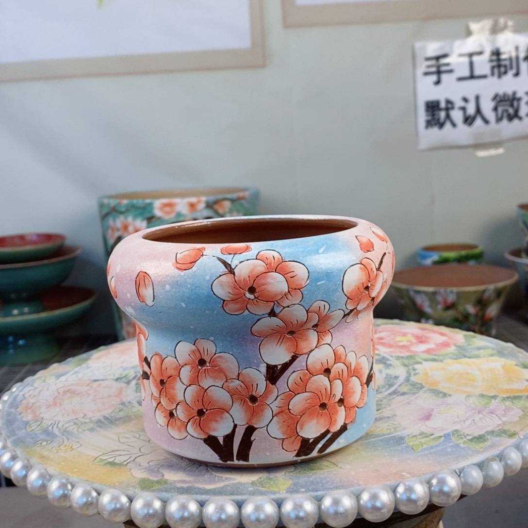 紫砂花盆红陶手绘花盆