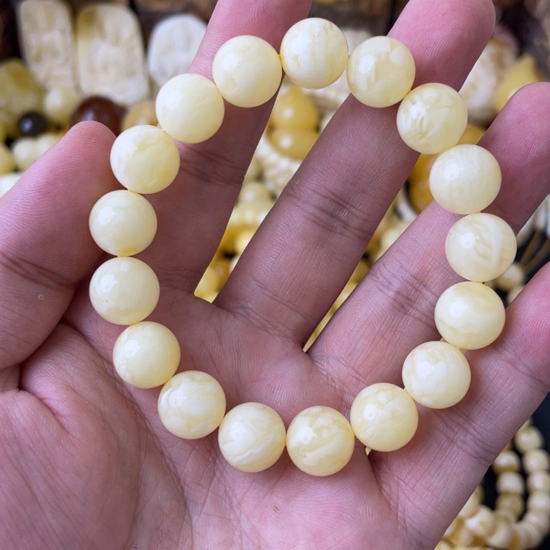 未镶嵌琥珀手串12+俄料妖白花蜡圆珠手串