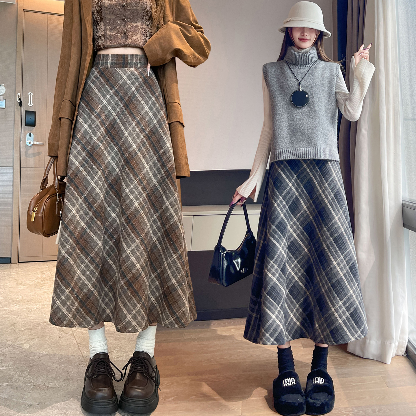 毛呢复古格子半身裙女秋冬新款高腰显瘦遮肉中长款大摆裙A字伞裙