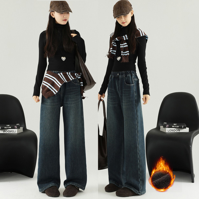 女童加绒冬季牛仔裤冬季阔腿裤高腰