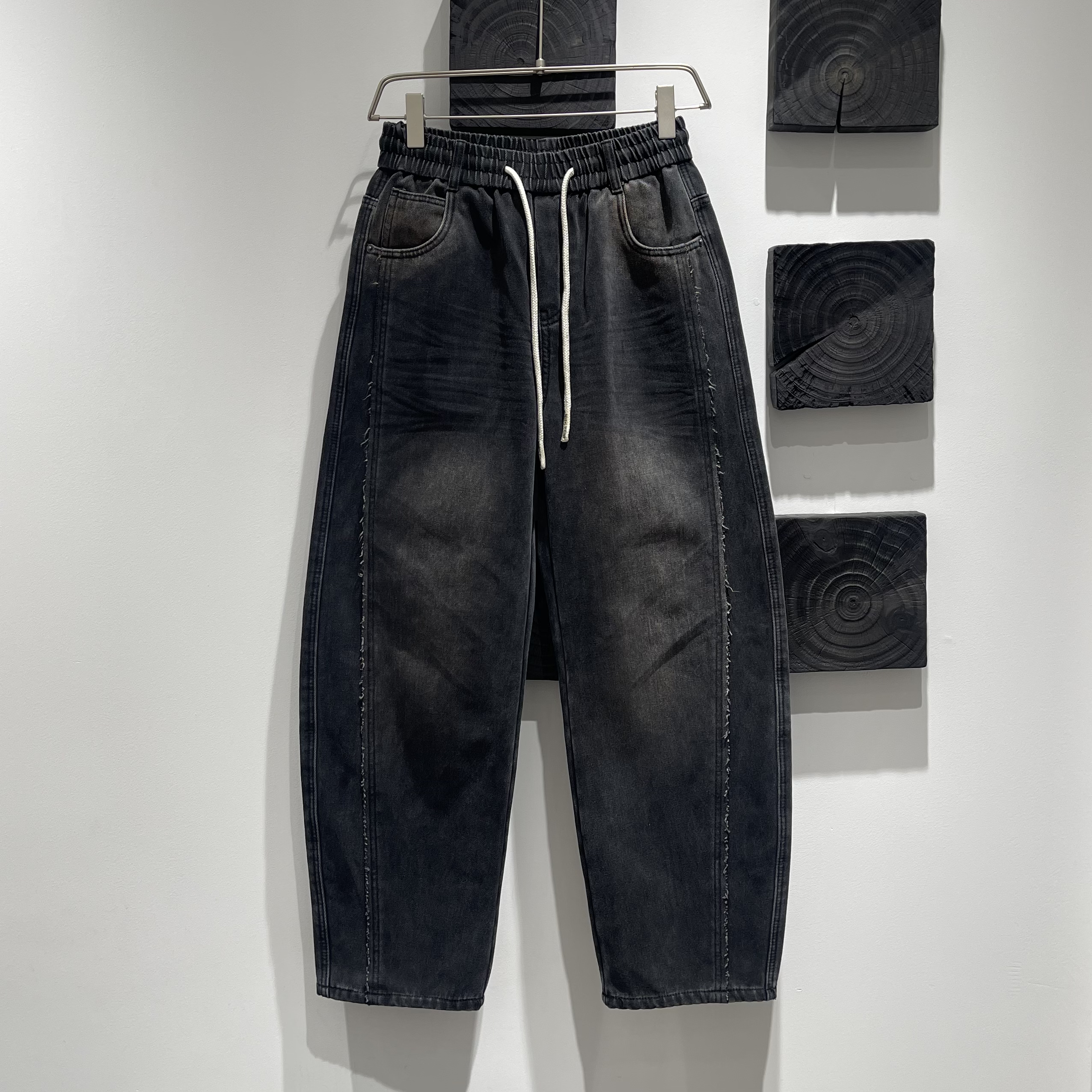 毛边加绒设计感水洗做旧牛仔裤男潮流宽松休闲百搭阔腿裤长裤