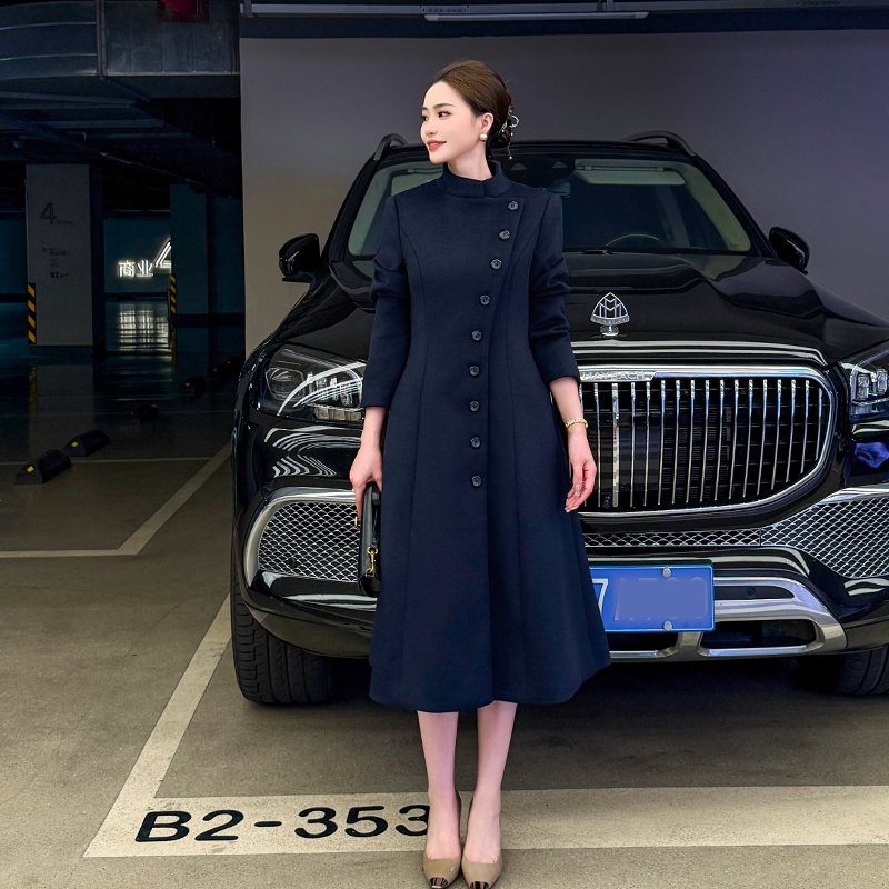 修身型显瘦女时尚长款收腰秋冬洋气毛呢外套轻职风气质长袖9120