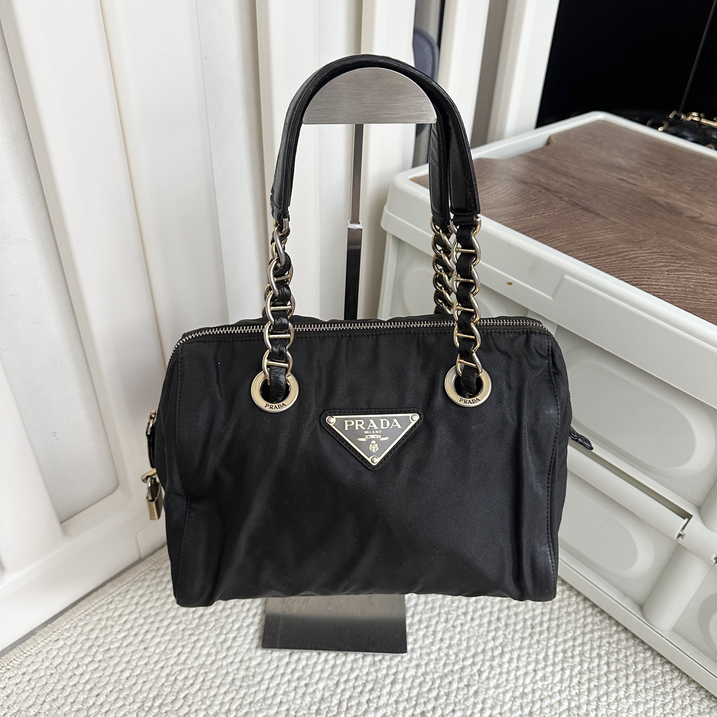 90新 Prada/普拉达 普拉达黑金手提包h