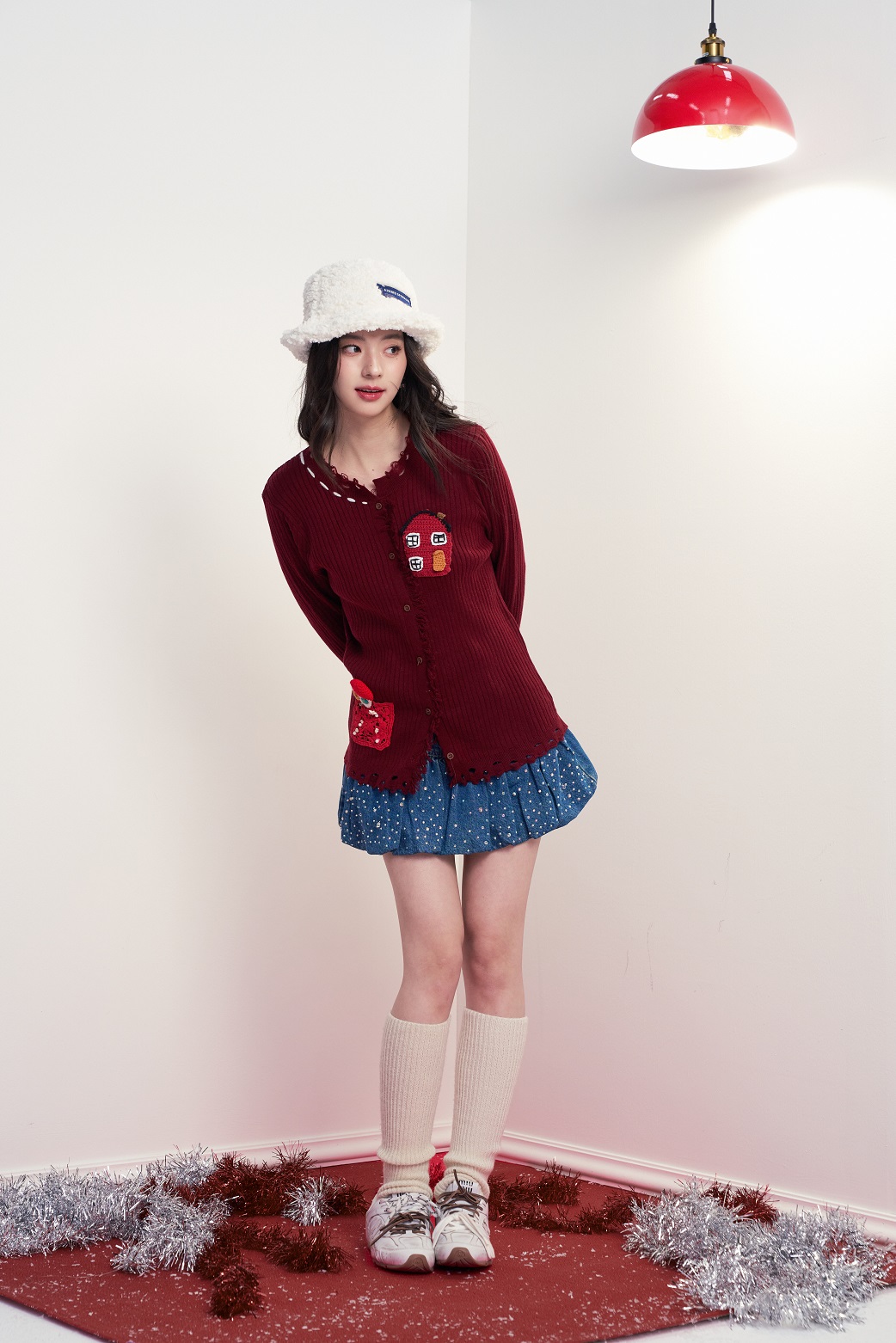 NOT FOR US25FW红色/灰色流苏边小房子针织上衣