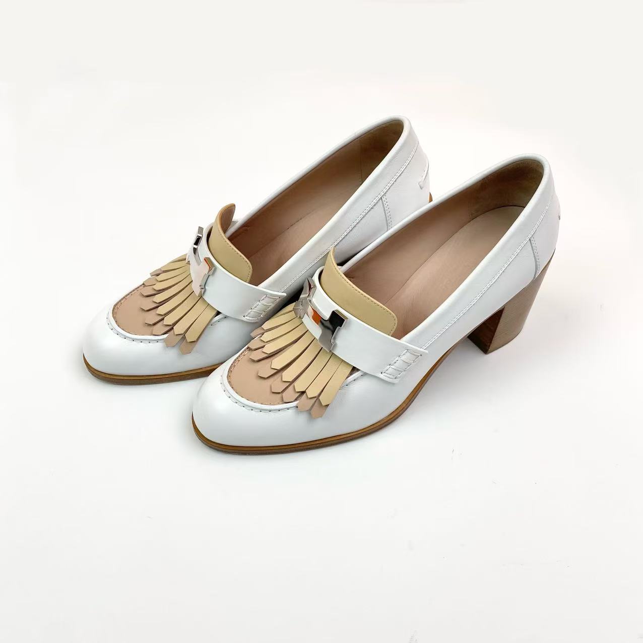 95新 Hermes/爱马仕 aa3295 拼色流苏高跟乐福鞋 37码