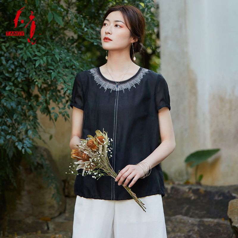 TANGY/天意夏季新品国风刺绣真丝雪纺莨上衣莨绸香云纱T恤W212024
