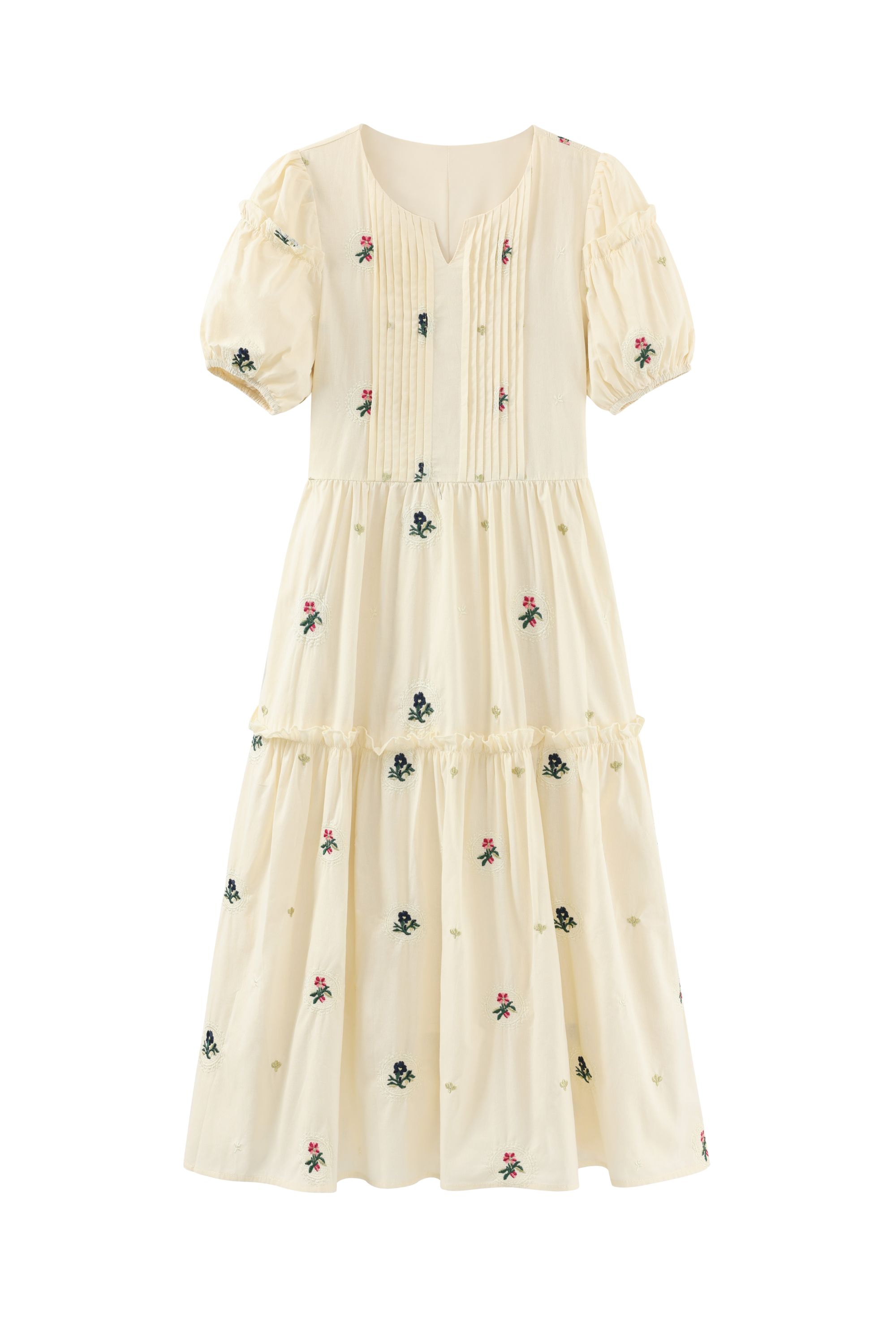 H瞌睡兔【清苍】杏色v领刺绣设计师感短袖连衣裙21788