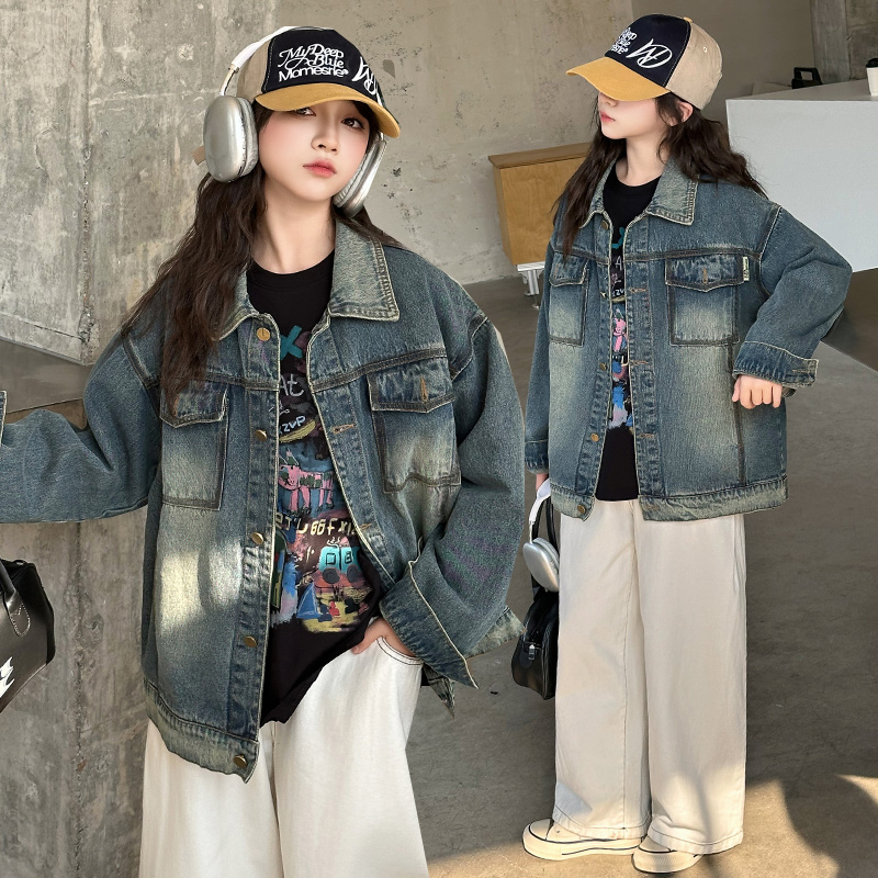 女童新款韩版潮流宽松百搭休闲时尚复古水洗重工女大童牛仔外套