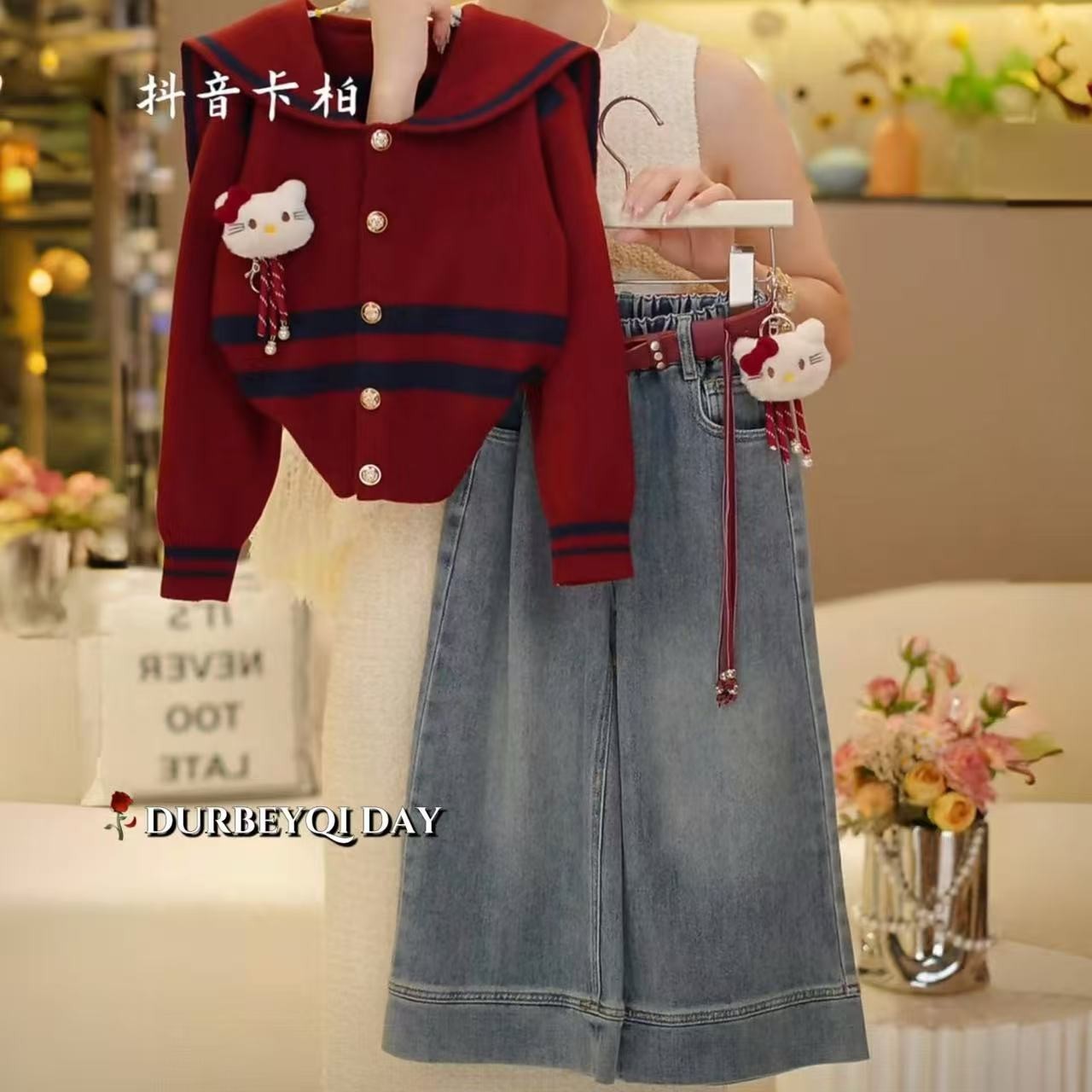 女童2025秋季新款单排扣开衫水果牛仔裤套装5601