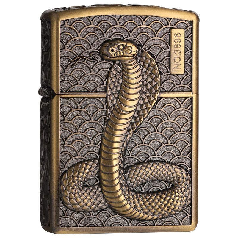 青铜盘蛇金色仿古煤油打火机盔甲雕生肖蛇高档礼物【不赠送煤油】