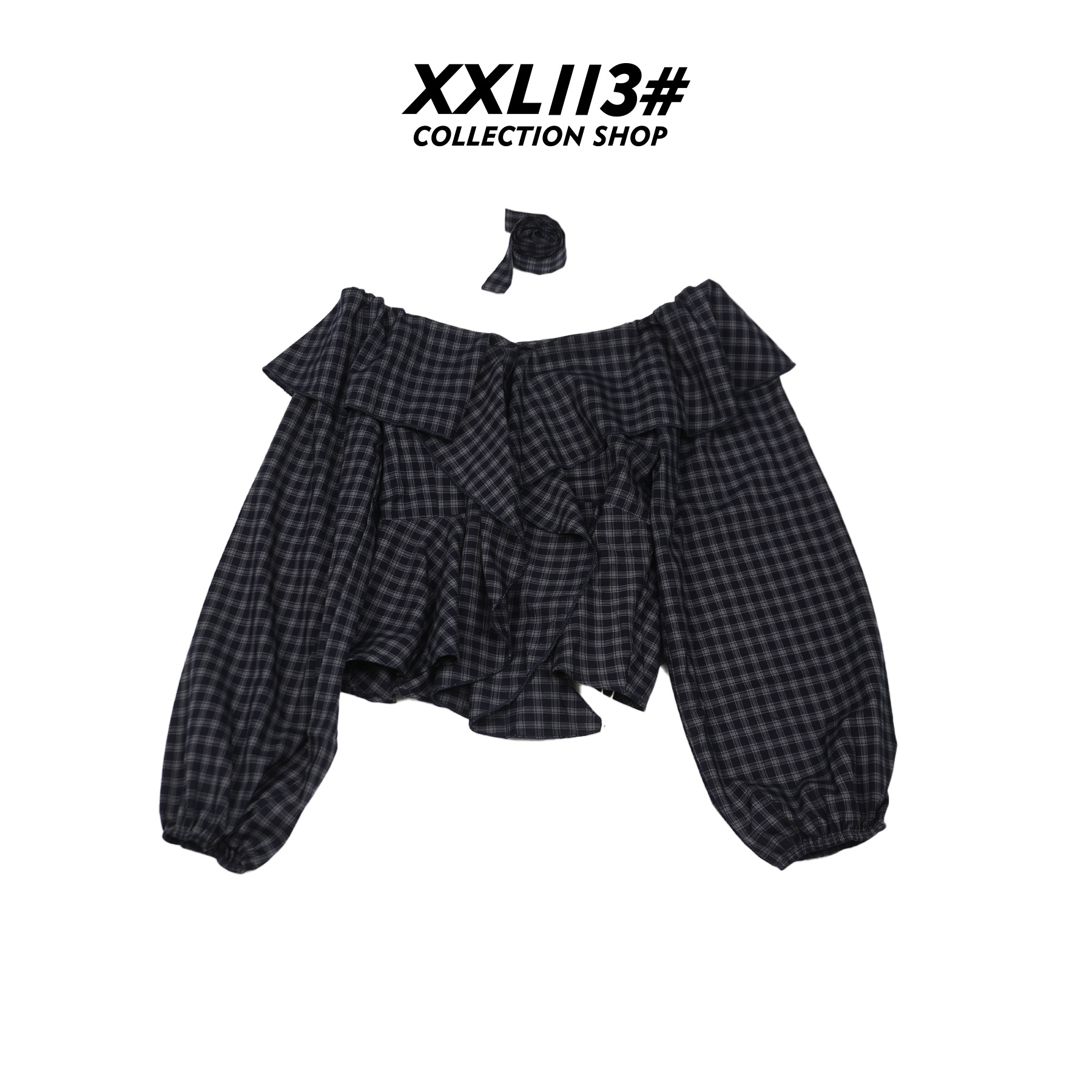 113* CENTRALIZED SHOP荷叶领格子拼接短款韩版衬衫X5F27H6765