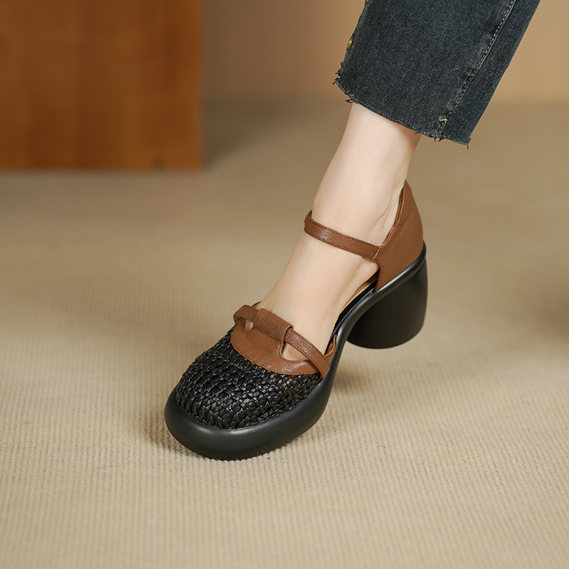 羊皮7厘米 34-40 舒适百搭夏季真皮软底复古镂空粗跟春夏休闲