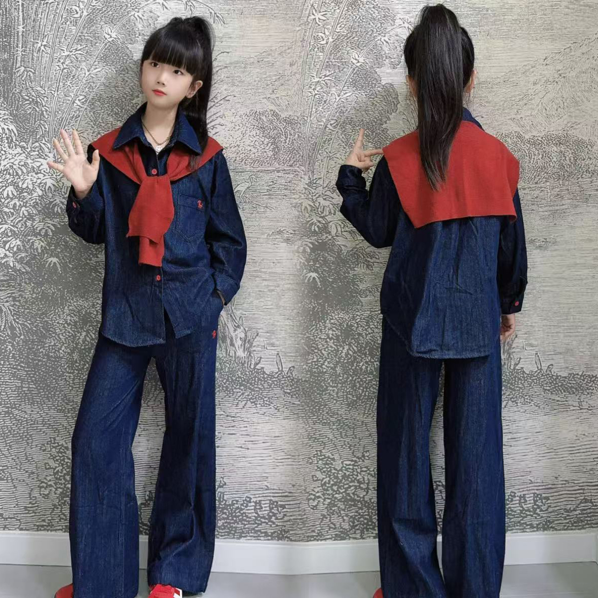 女童披肩牛仔套装秋装2025新款儿童秋季洋气中大童韩版两件套潮